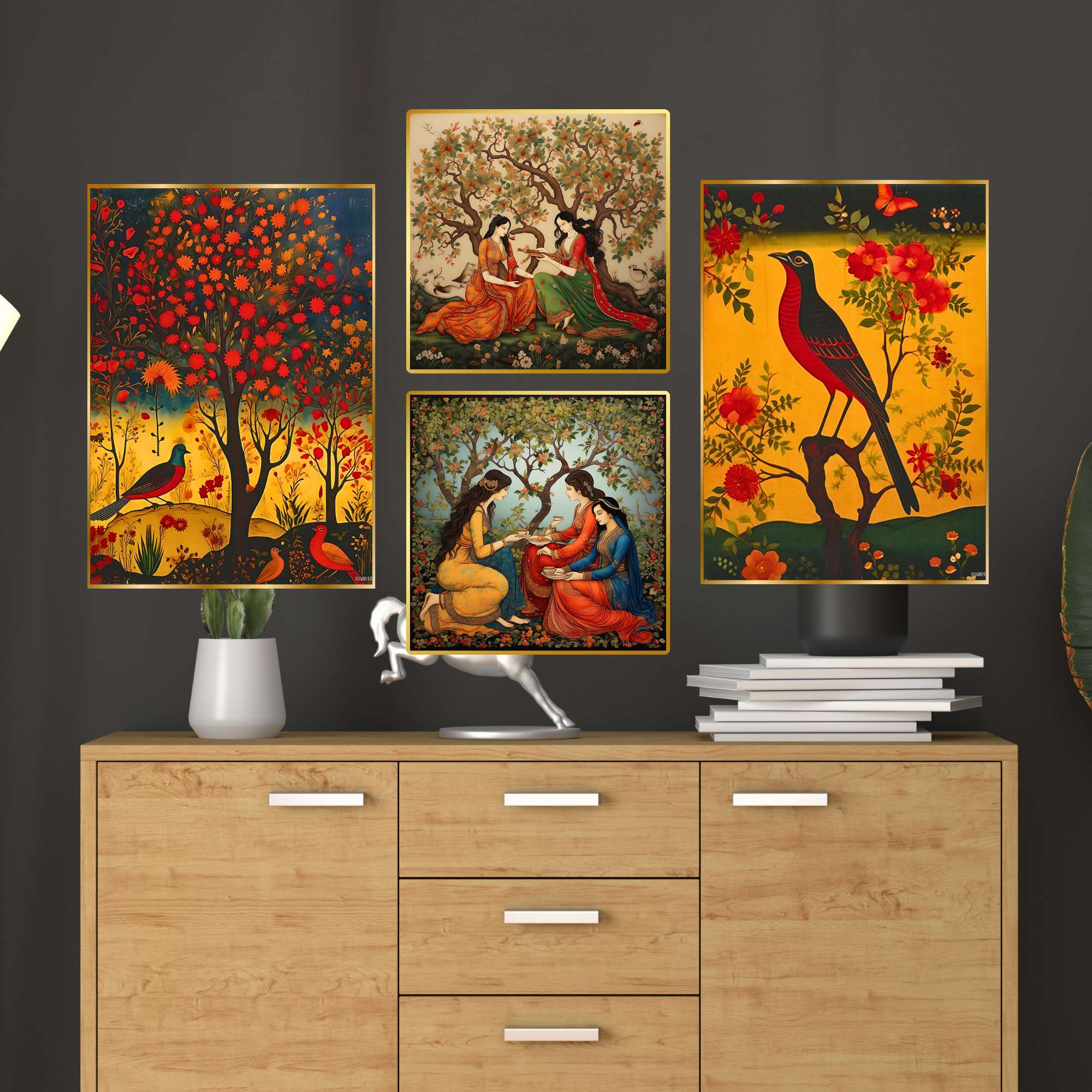 Set of Four Wall Paintings for Wall Dacoration Golden Framed Wall Paintings for Living Room & Bedroom Wall Art for Home