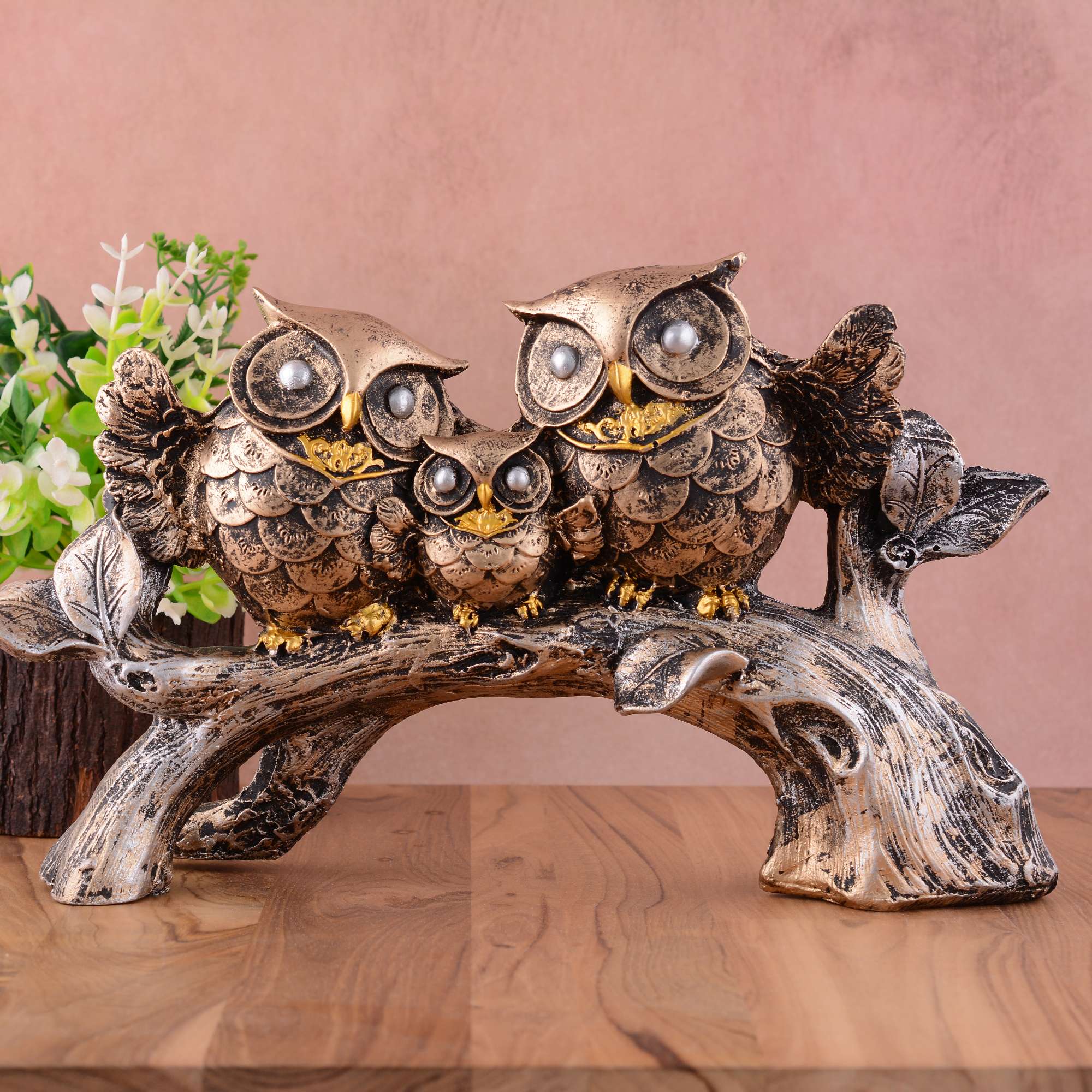 Owl Family Sitting on Tree Decorative Bird Showpieces Statue for Home Decor Living Room Bedroom Wall Shelf Table Top Gar