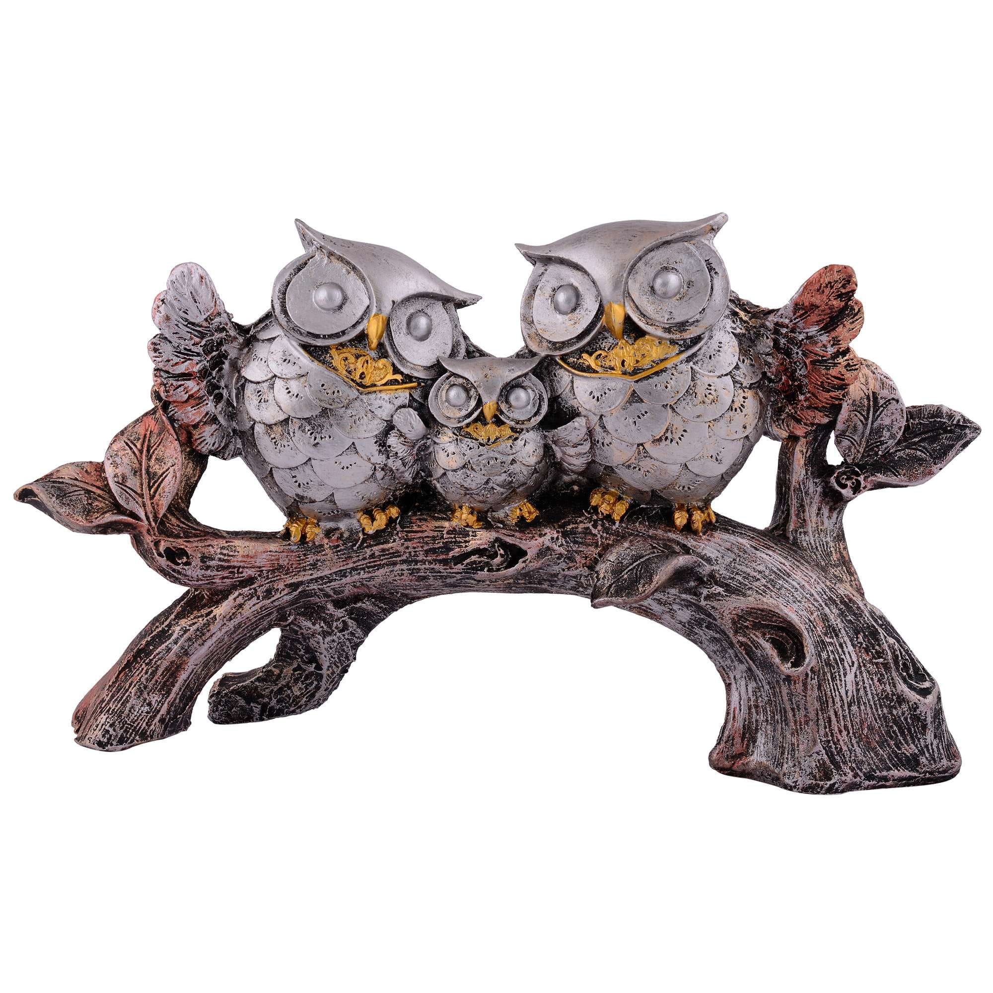 Owl Family Sitting on Tree Decorative Bird Showpieces Statue for Home Decor Living Room Bedroom Wall Shelf Table Top Gar