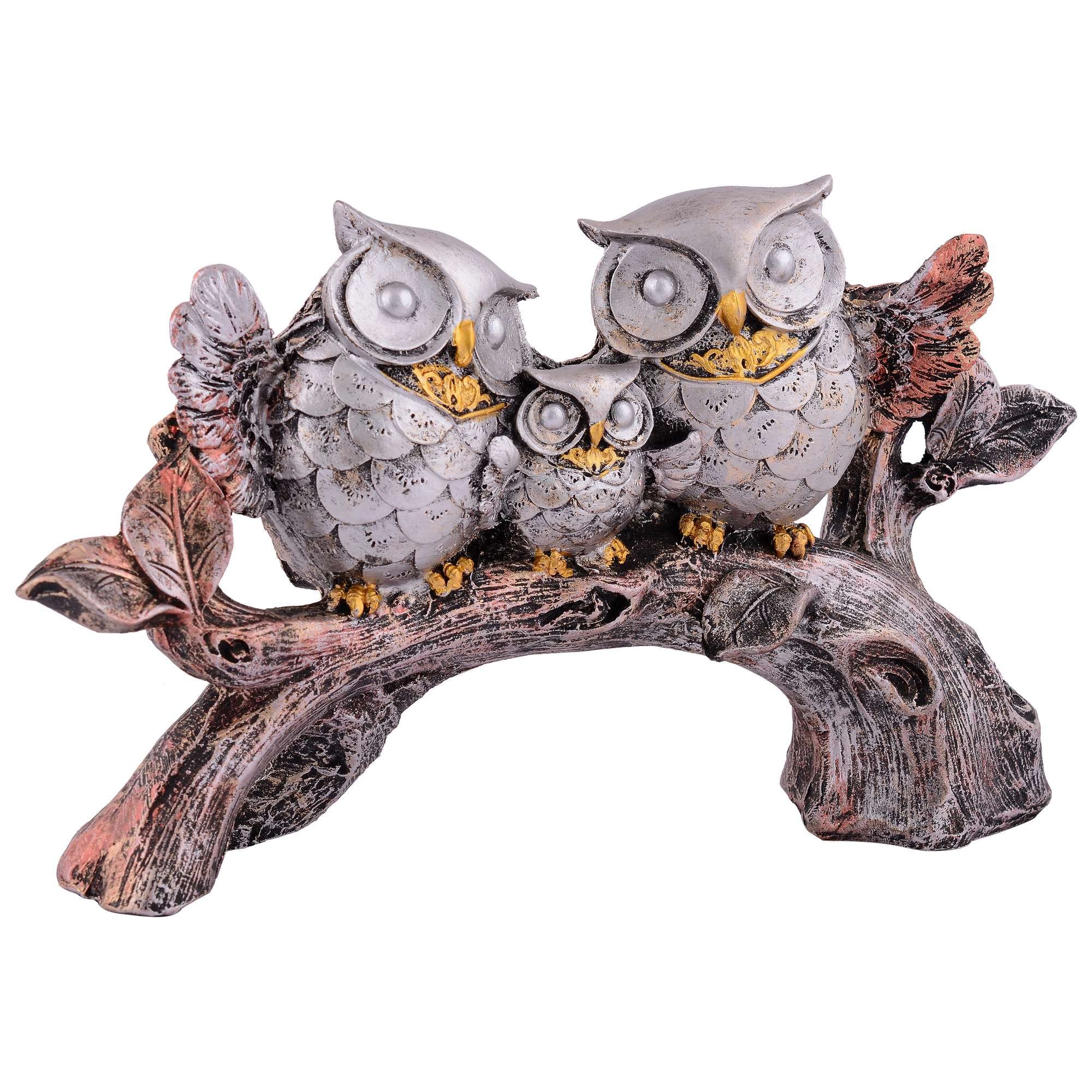 Owl Family Sitting on Tree Decorative Bird Showpieces Statue for Home Decor Living Room Bedroom Wall Shelf Table Top Gar