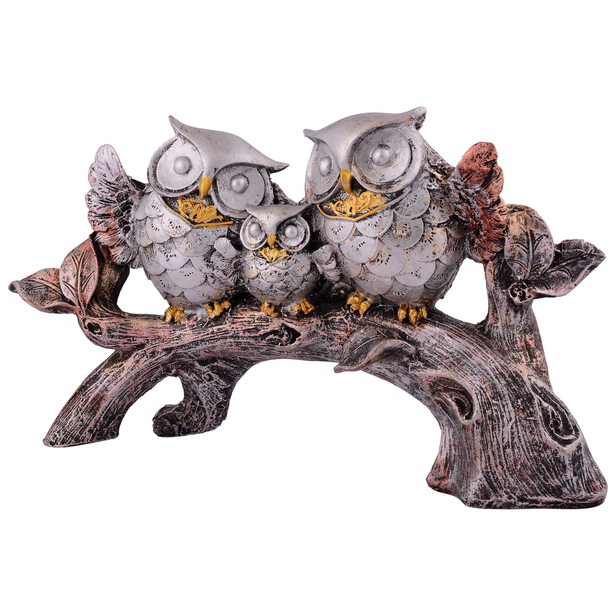 Owl Family Sitting on Tree Decorative Bird Showpieces Statue for Home Decor Living Room Bedroom Wall Shelf Table Top Gar