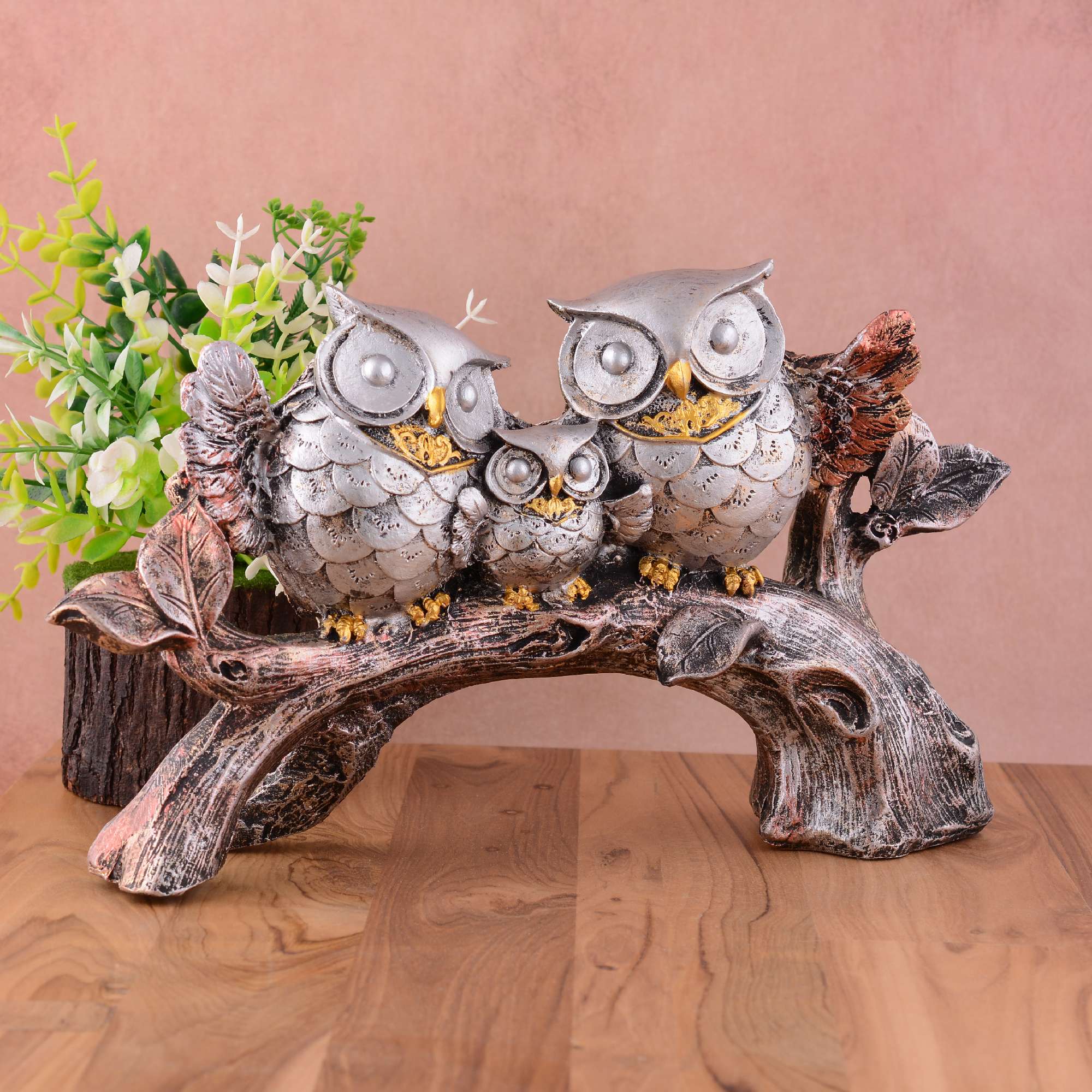 Owl Family Sitting on Tree Decorative Bird Showpieces Statue for Home Decor Living Room Bedroom Wall Shelf Table Top Gar